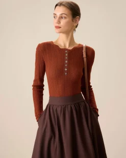 Women's Brown Round Neck Slim Sweater