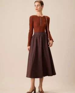 Women's Brown Round Neck Slim Sweater