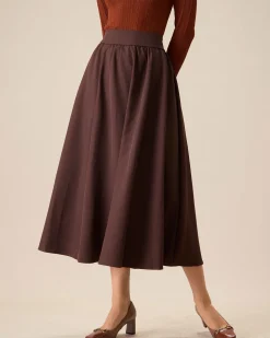 Women's Coffee High-waisted Pleated Midi Skirt