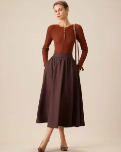 Women's Coffee High-waisted Pleated Midi Skirt