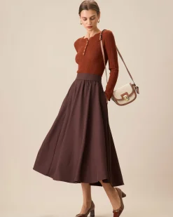 Women's Coffee High-waisted Pleated Midi Skirt
