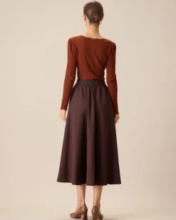 Women's Coffee High-waisted Pleated Midi Skirt