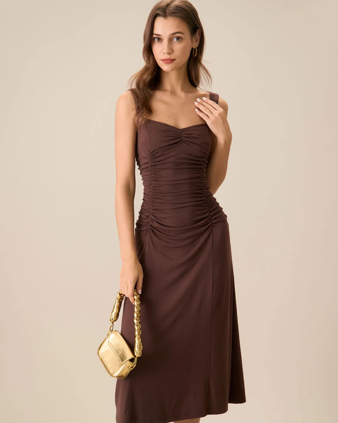 Women's Coffee Ruched Knitted Slip Midi Dress