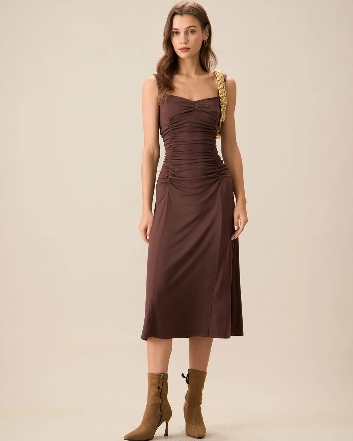 Women's Coffee Ruched Knitted Slip Midi Dress