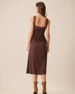 Women's Coffee Ruched Knitted Slip Midi Dress