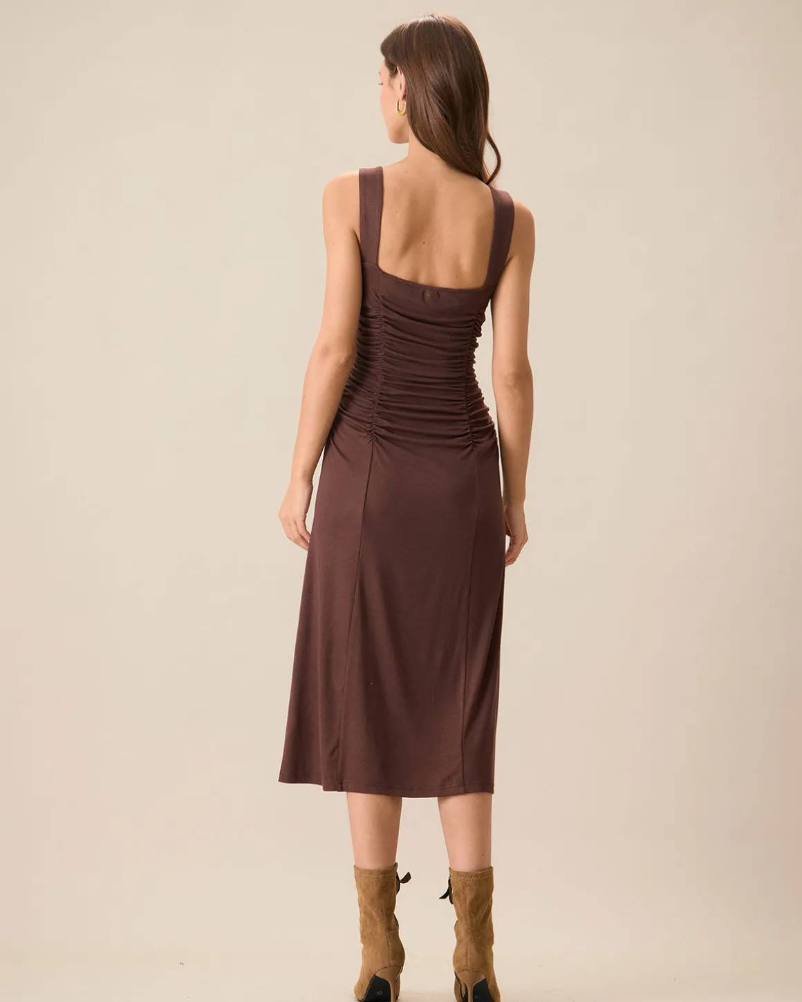 Women's Coffee Ruched Knitted Slip Midi Dress