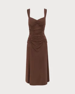 Women's Coffee Ruched Knitted Slip Midi Dress