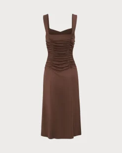 Women's Coffee Ruched Knitted Slip Midi Dress