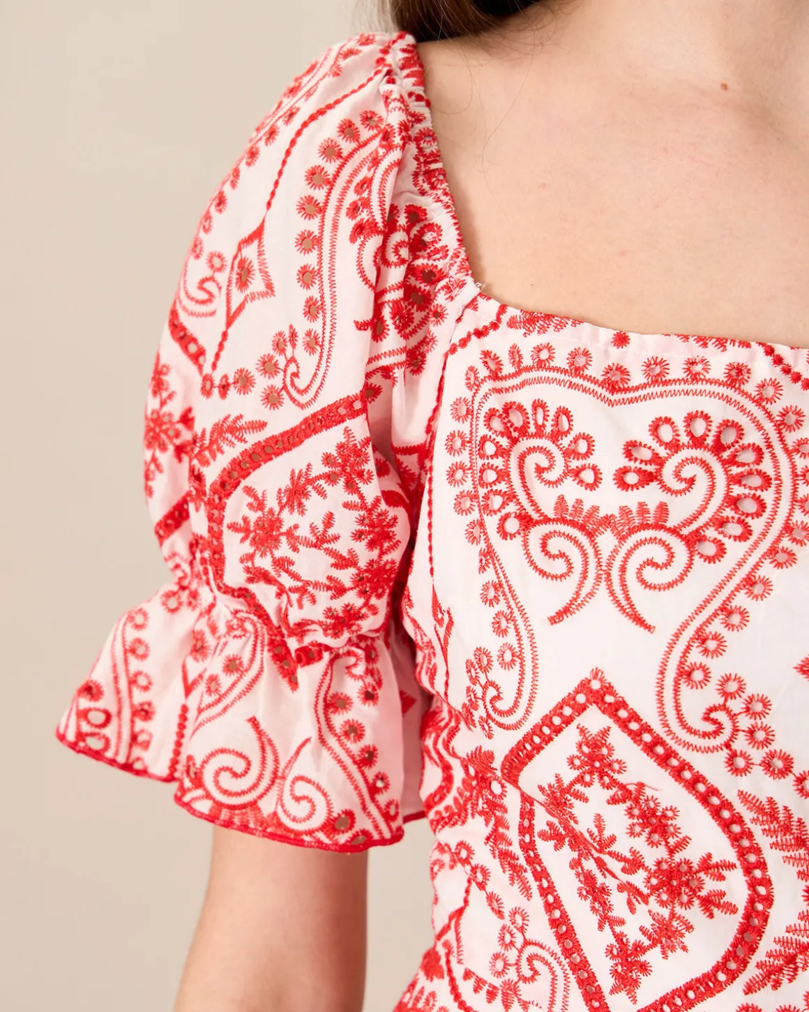 Women's Geometric Embroidery Ruffle Cotton Midi Dress