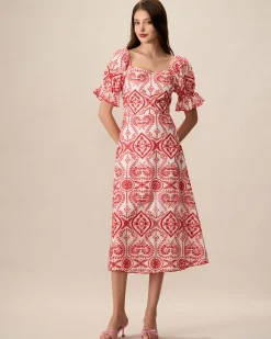 Women's Geometric Embroidery Ruffle Cotton Midi Dress