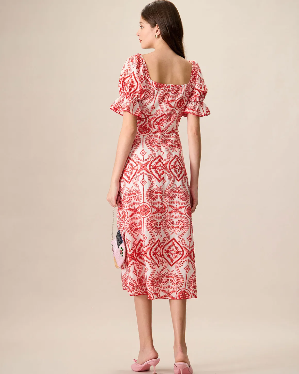 Women's Geometric Embroidery Ruffle Cotton Midi Dress
