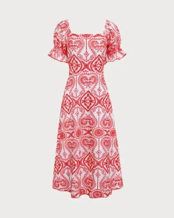 Women's Geometric Embroidery Ruffle Cotton Midi Dress