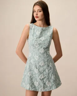 Women's Green Boat Neck Jacquard Mini Dress