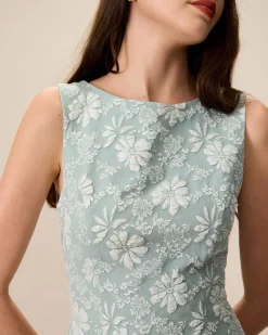 Women's Green Boat Neck Jacquard Mini Dress