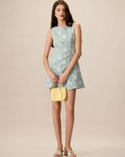 Women's Green Boat Neck Jacquard Mini Dress
