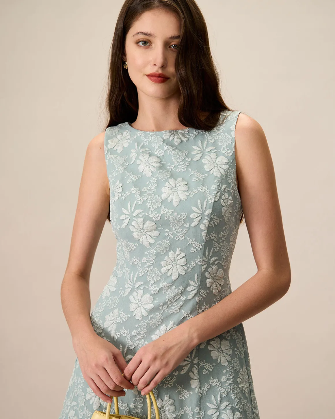 Women's Green Boat Neck Jacquard Mini Dress