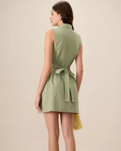 Women's Green Collared Pocket Mini Dress