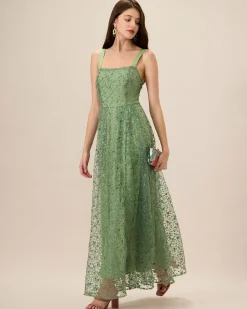 Women's Green Embroidery Mesh Slip Maxi Dress