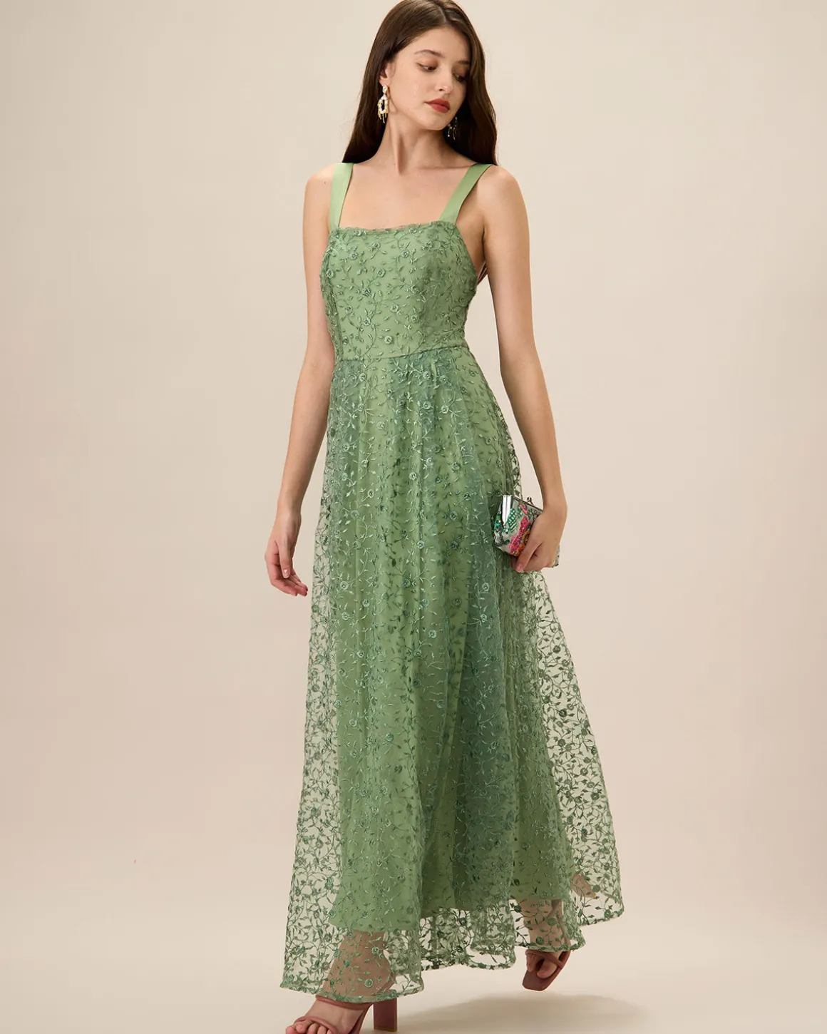 Women's Green Embroidery Mesh Slip Maxi Dress