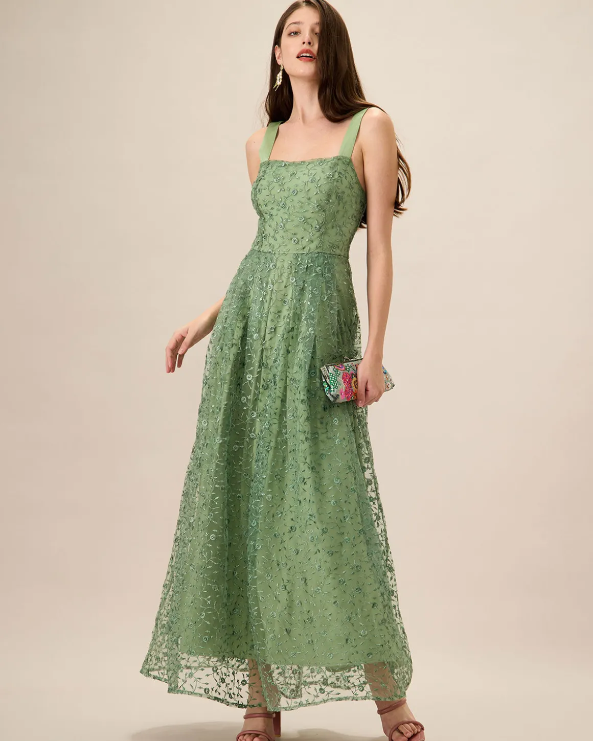 Women's Green Embroidery Mesh Slip Maxi Dress