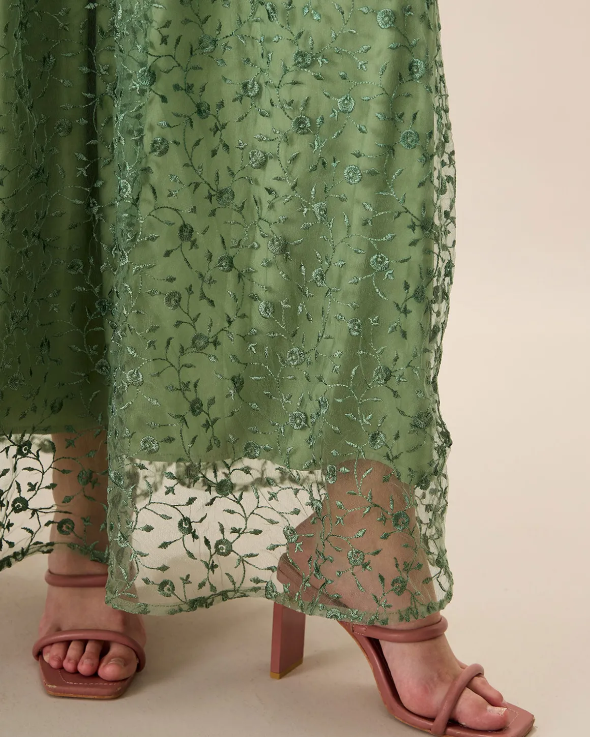 Women's Green Embroidery Mesh Slip Maxi Dress