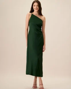 Women's Green One-shoulder Satin Maxi Dress