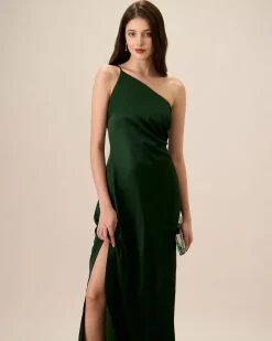 Women's Green One-shoulder Satin Maxi Dress