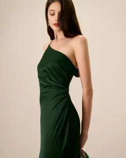 Women's Green One-shoulder Satin Maxi Dress