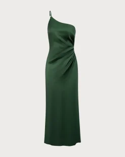 Women's Green One-shoulder Satin Maxi Dress
