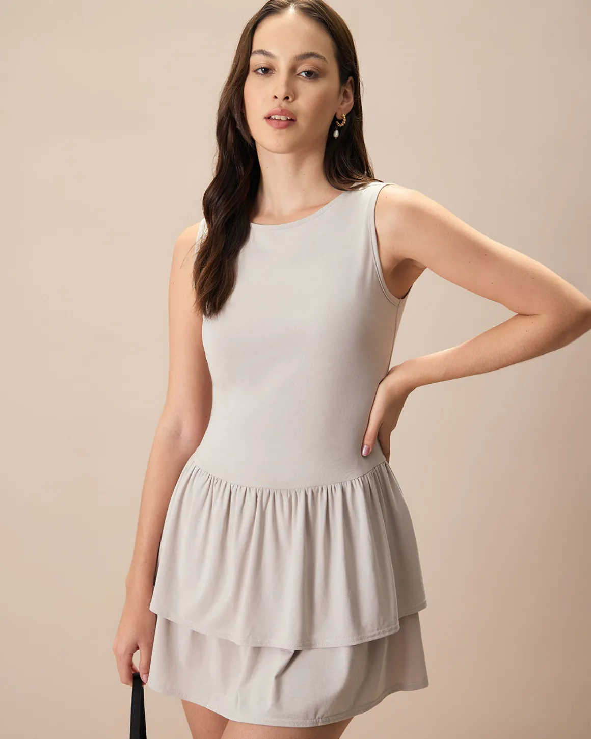 Women's Grey Crew Neck Ruffle Tiered Cotton Mini Dress