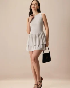 Women's Grey Crew Neck Ruffle Tiered Cotton Mini Dress