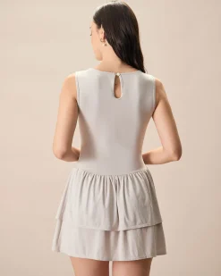 Women's Grey Crew Neck Ruffle Tiered Cotton Mini Dress