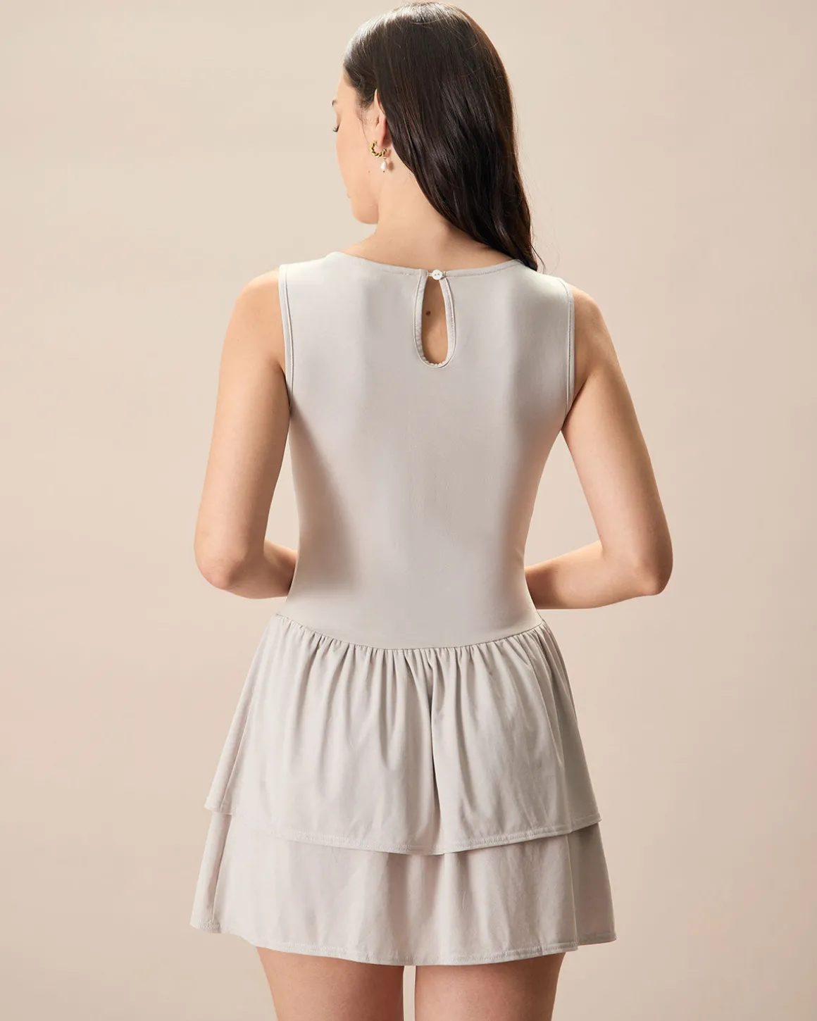 Women's Grey Crew Neck Ruffle Tiered Cotton Mini Dress