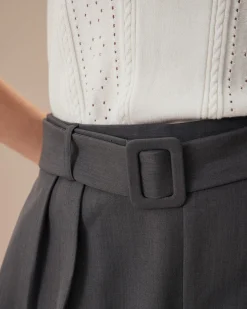 Women's Grey High-Waisted Belted Pleated Shorts