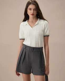 Women's Grey High-Waisted Belted Pleated Shorts