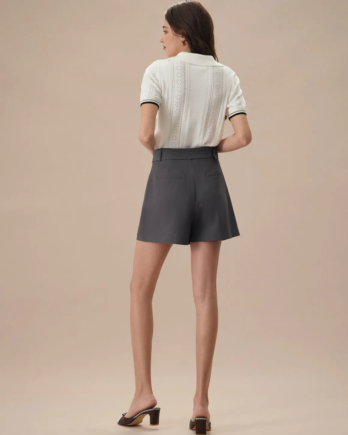 Women's Grey High-Waisted Belted Pleated Shorts