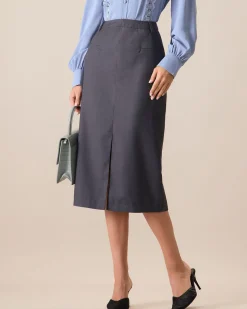 Women's Grey High-waisted Straight Slit Midi Skit