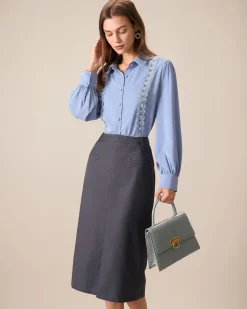 Women's Grey High-waisted Straight Slit Midi Skit