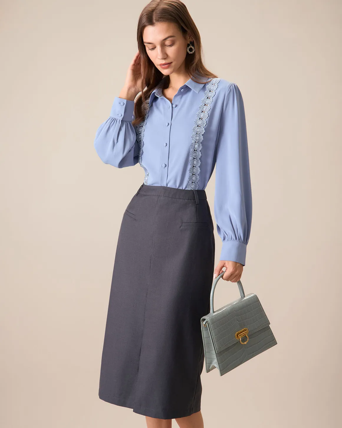 Women's Grey High-waisted Straight Slit Midi Skit