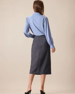Women's Grey High-waisted Straight Slit Midi Skit