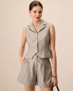 Women's Grey Lapel Pleated Pocket Shorts