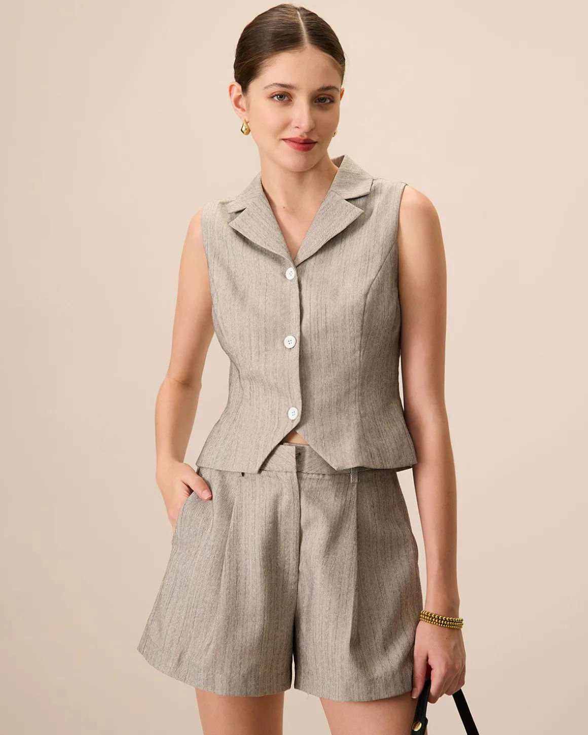 Women's Grey Lapel Pleated Pocket Shorts
