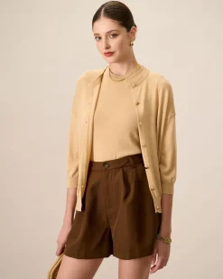 Women's Khaki Crew Neck Ribbed Tencel Cardigan