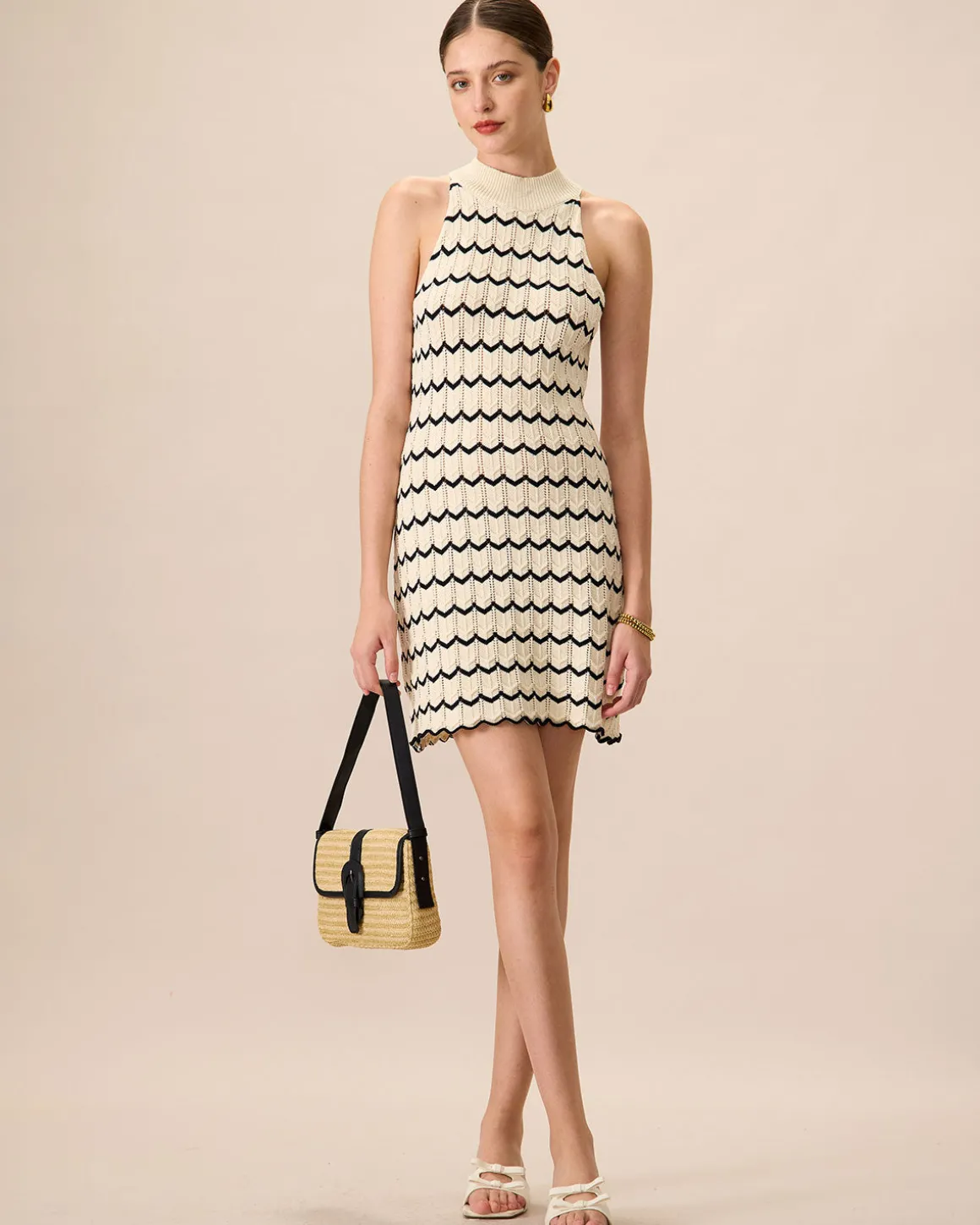 Women's Mock Neck Contrast Knitted Mini Dress