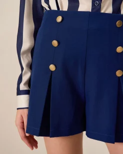 Women's Navy High-Waisted Pleated Shorts
