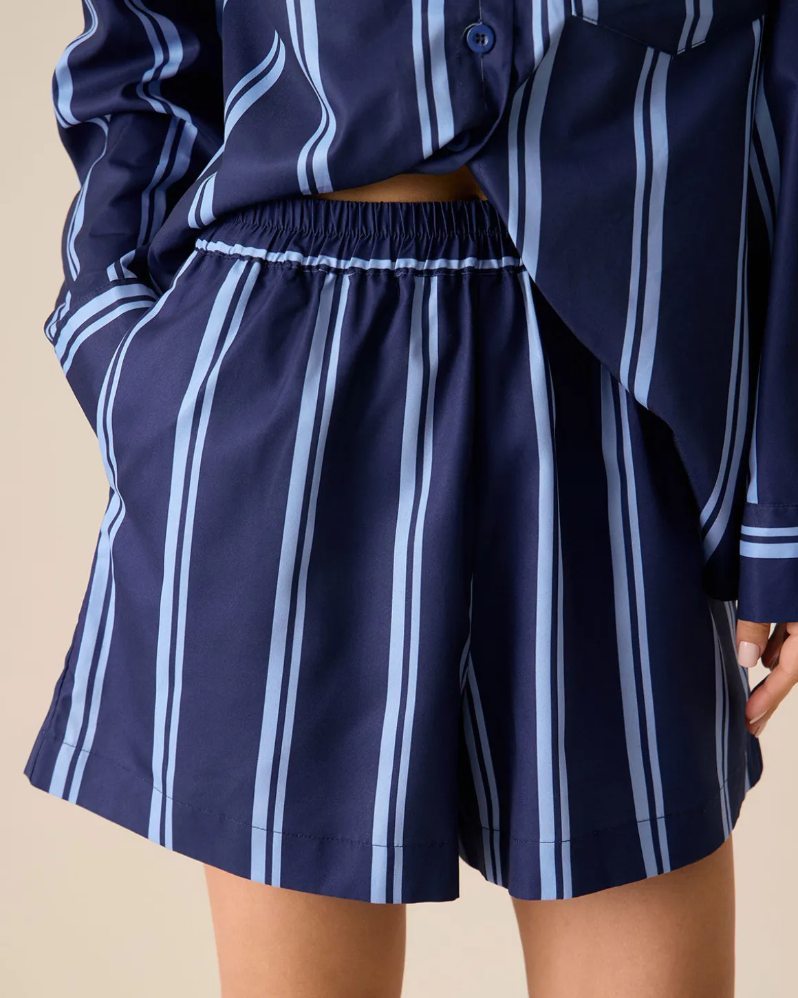 Women's Navy Striped Elastic Waist Shorts