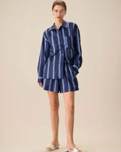 Women's Navy Striped Elastic Waist Shorts