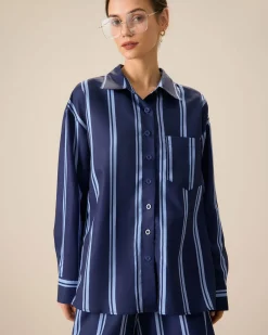 Women's Navy Striped Pocket Shirt