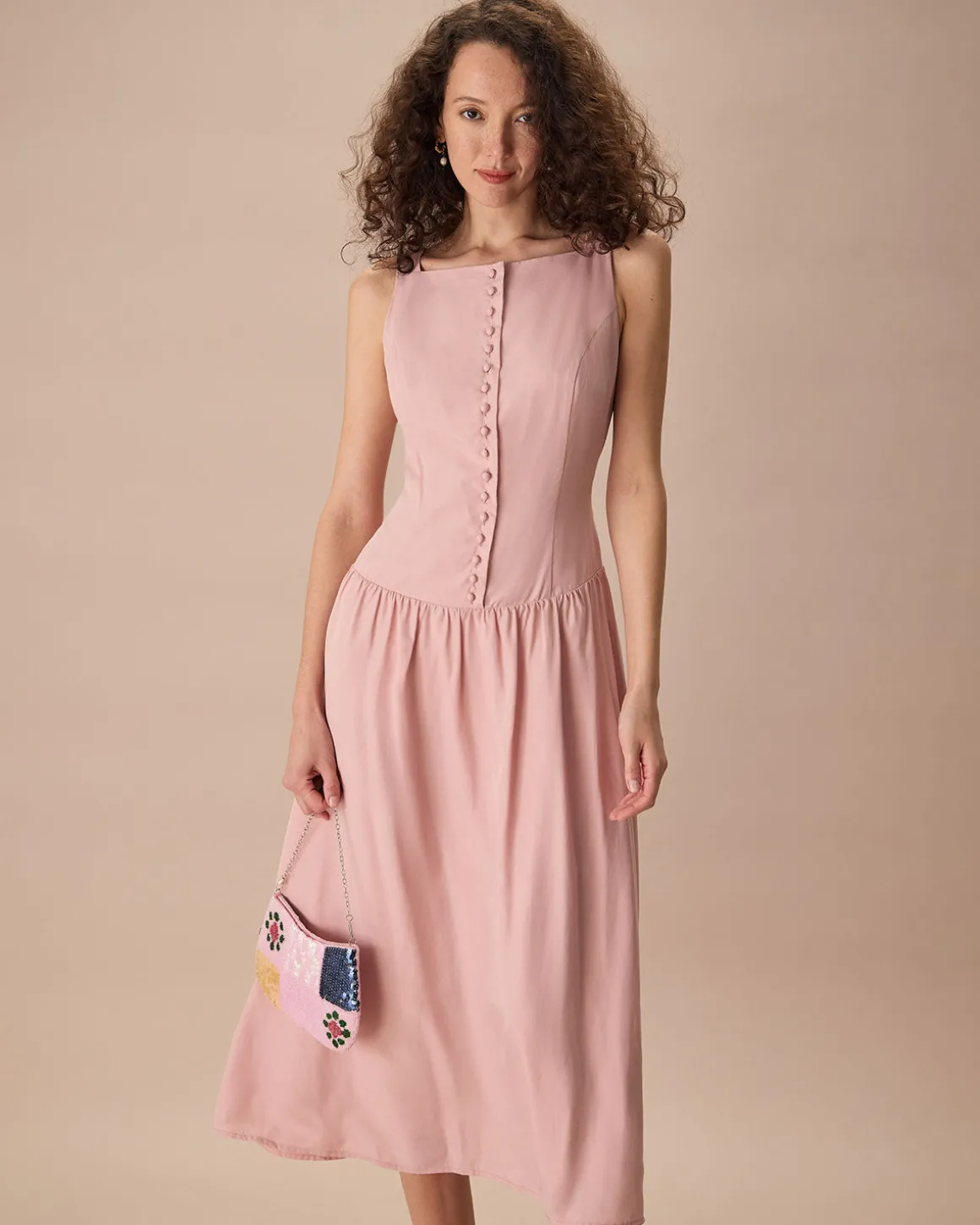 Women's Pink Boat Neck Sleeveless Lyocell Midi Dress