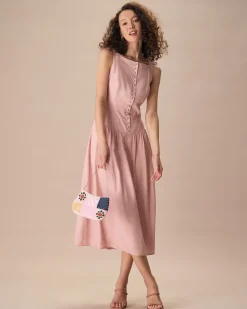Women's Pink Boat Neck Sleeveless Lyocell Midi Dress